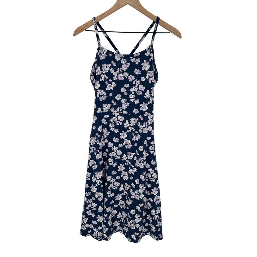 Pact Midi Dress Womens Medium Navy Blue Floral Organic Cotton Pockets Summer